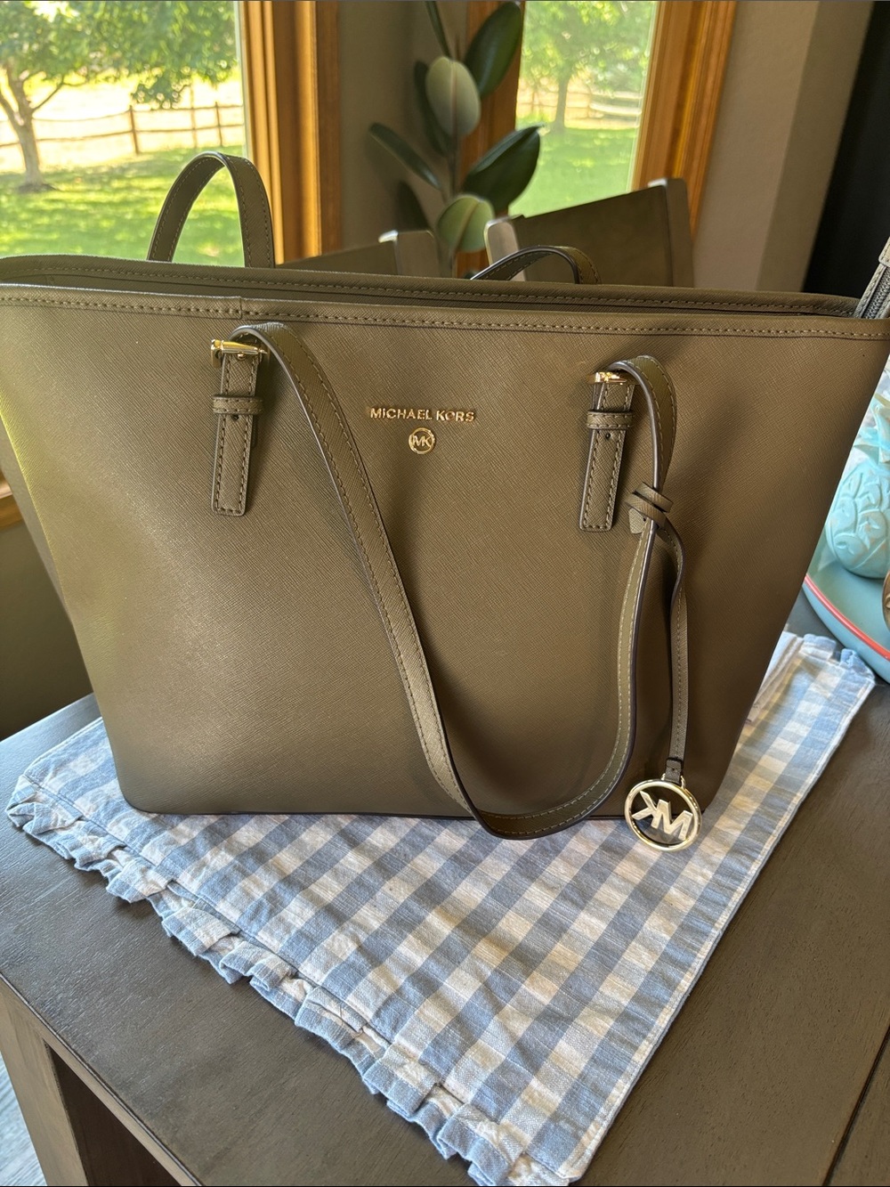 Michael Kors Olive Green Saffiano Leather Tote with Gold-Tone Charm
